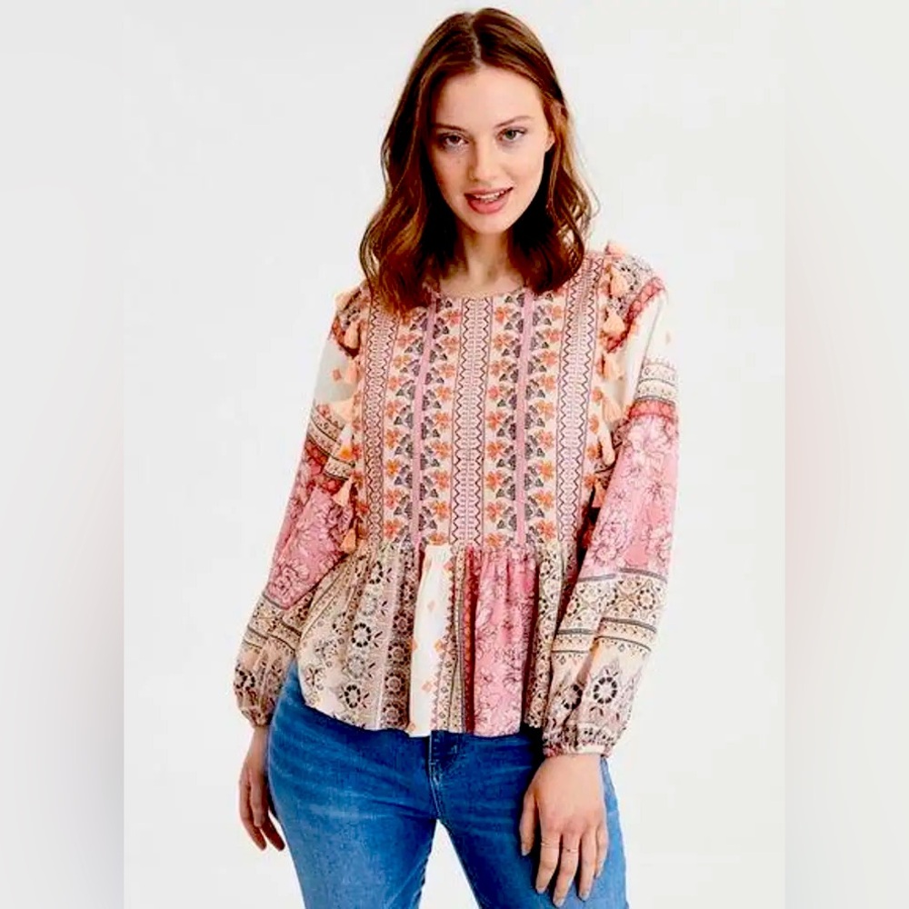 AE American Eagle Outfitters Boho Tassel Peasant Blouse Size Small